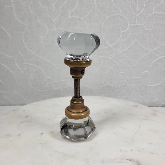 Antique Victorian 8 Point Crystal Door Knob Clear Glass 3 Inch Brass Rod Handle - Picture 1 of 13